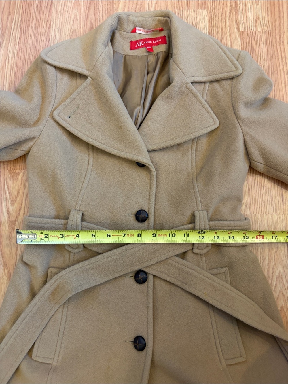 Anne Klein Camel-Tan Belted Wool-Blend Trench Coat - Picture 4 of 16